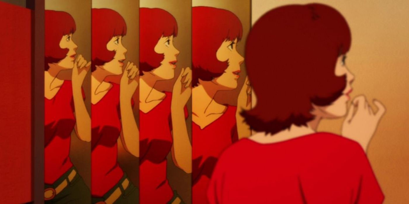 A smiling Paprika is reflected in several mirrors in Paprika.