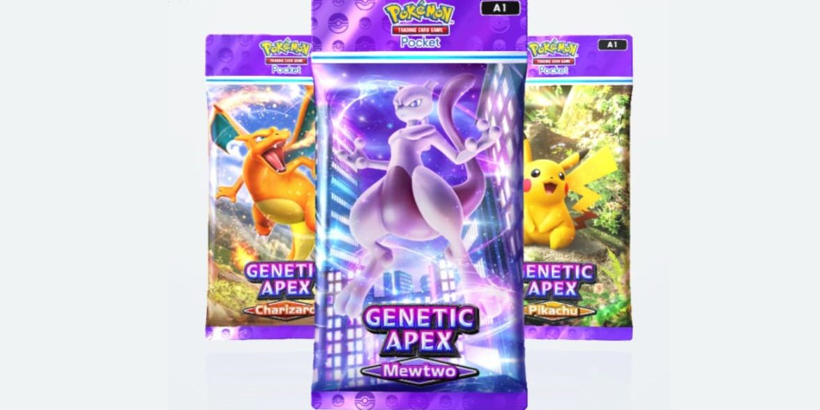 An image depicts the main available Genetic Apex Booster Packs in Pokemon TCG Pocket, which include Charizard, Mewtwo, and Pikachu.