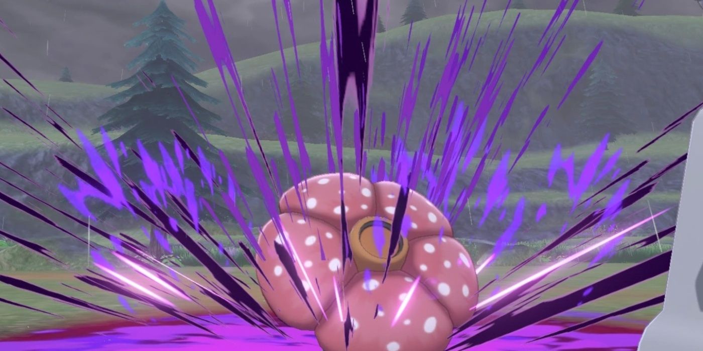 Um Vileplume em Pokémon Sword and Shield disparando um ataque Venoshock.