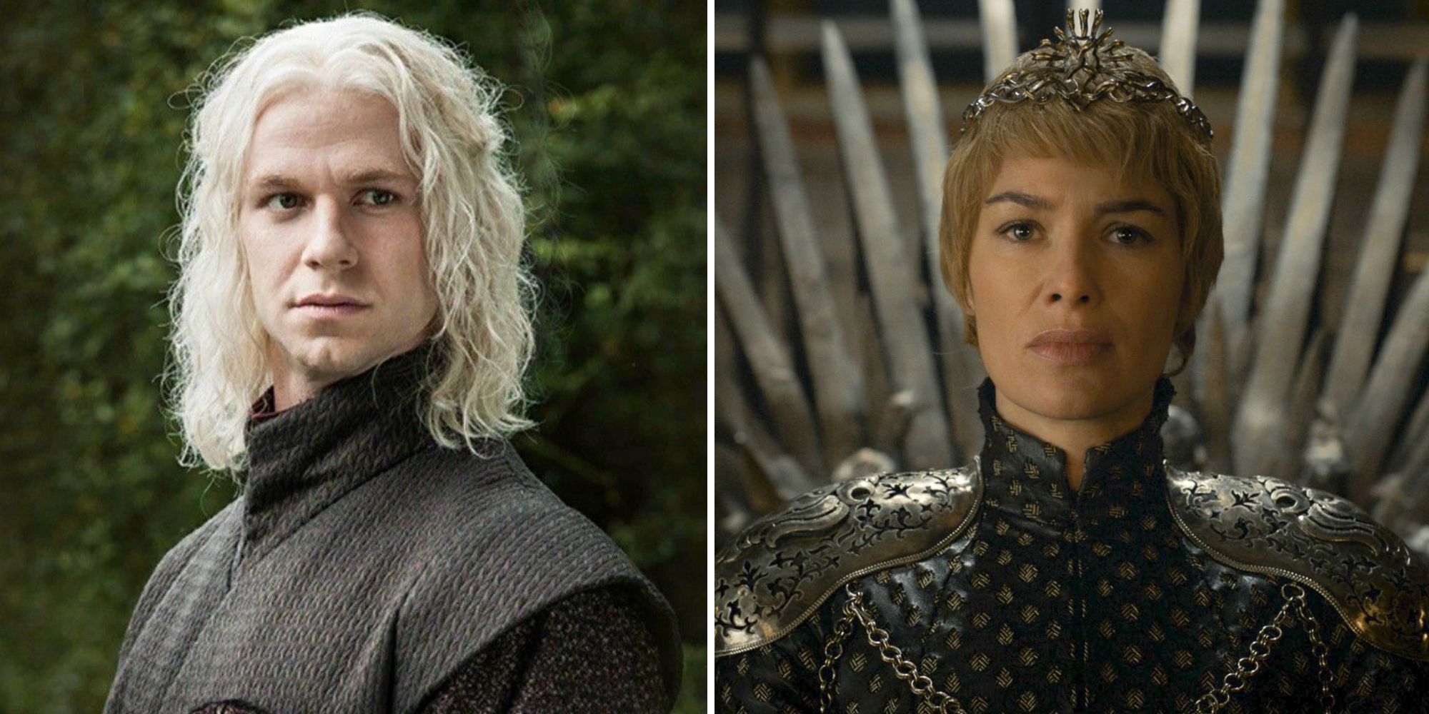 Uma imagem dividida de Rhaegar Targaryen em seu casamento e da Rainha Cersei Lannister em sua coroação Game of Thrones