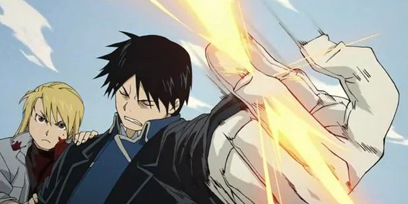 riza and roy attacking in fullmetal alchemist brotherhood.