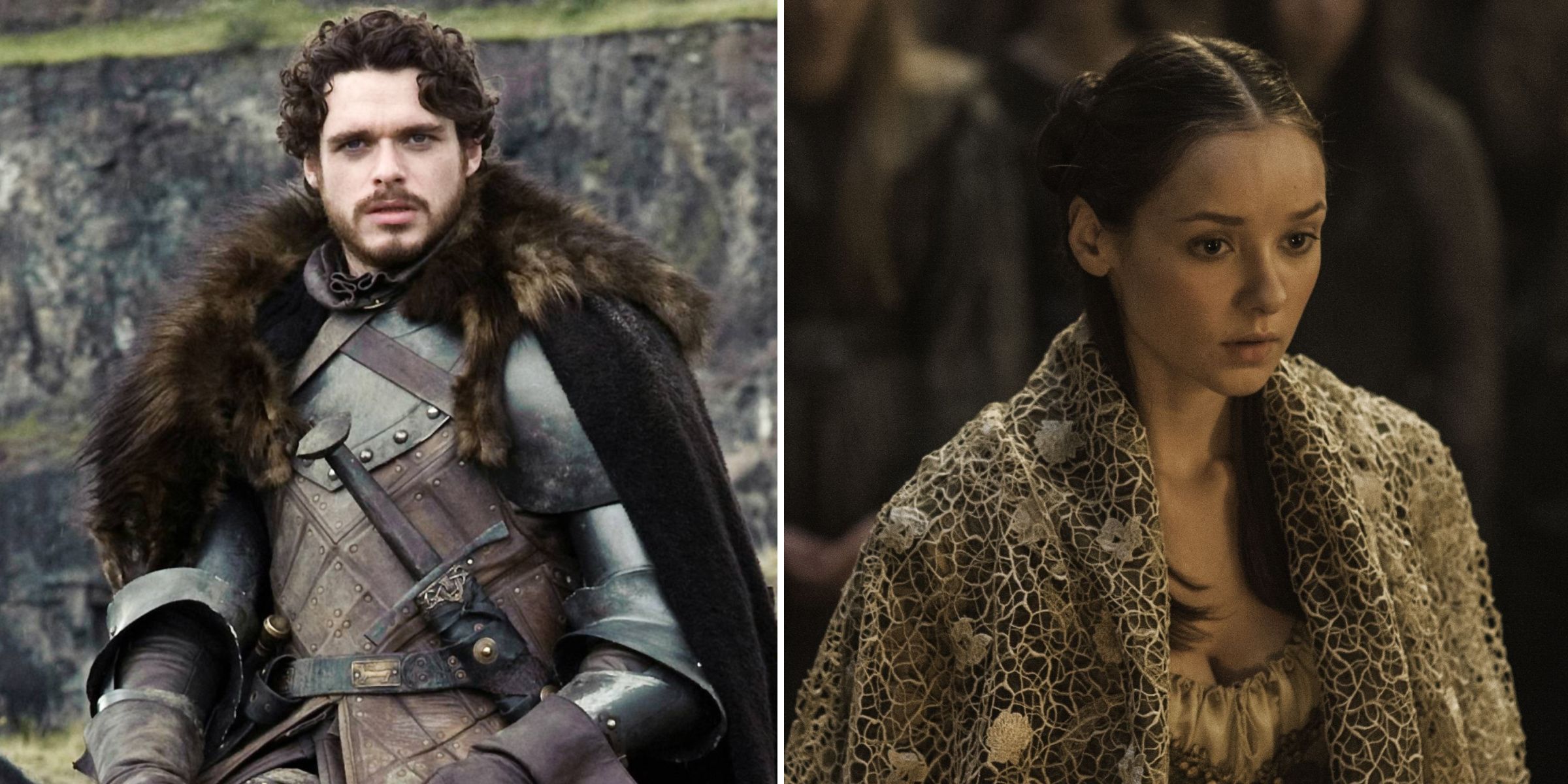 Uma imagem dividida de Robb Stark e Roslin Frey em Game of Thrones