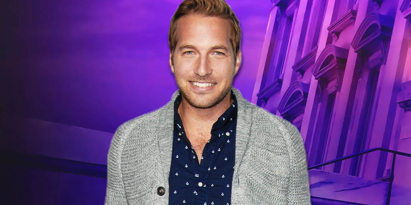 Actor Ryan Hansen wearing a grey sweater and blue print top on a purple background