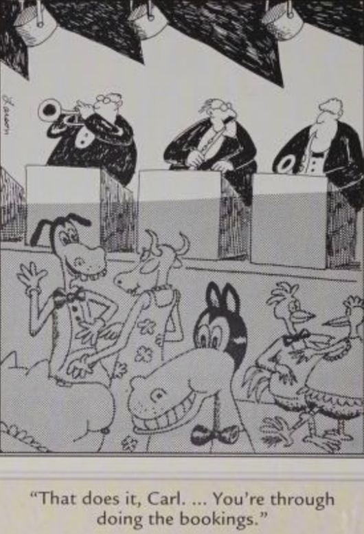 Músicos tocam em um coreto enquanto personagens de desenhos animados dançam em The Far Side.