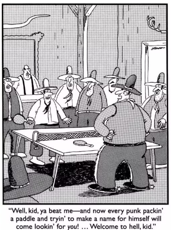 Cowboys se enfrentam em uma mesa de pingue-pongue em The Far Side.