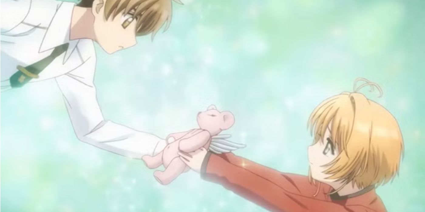 Sakura entrega a Syaoran um urso rosa em Cardcaptor Sakura.