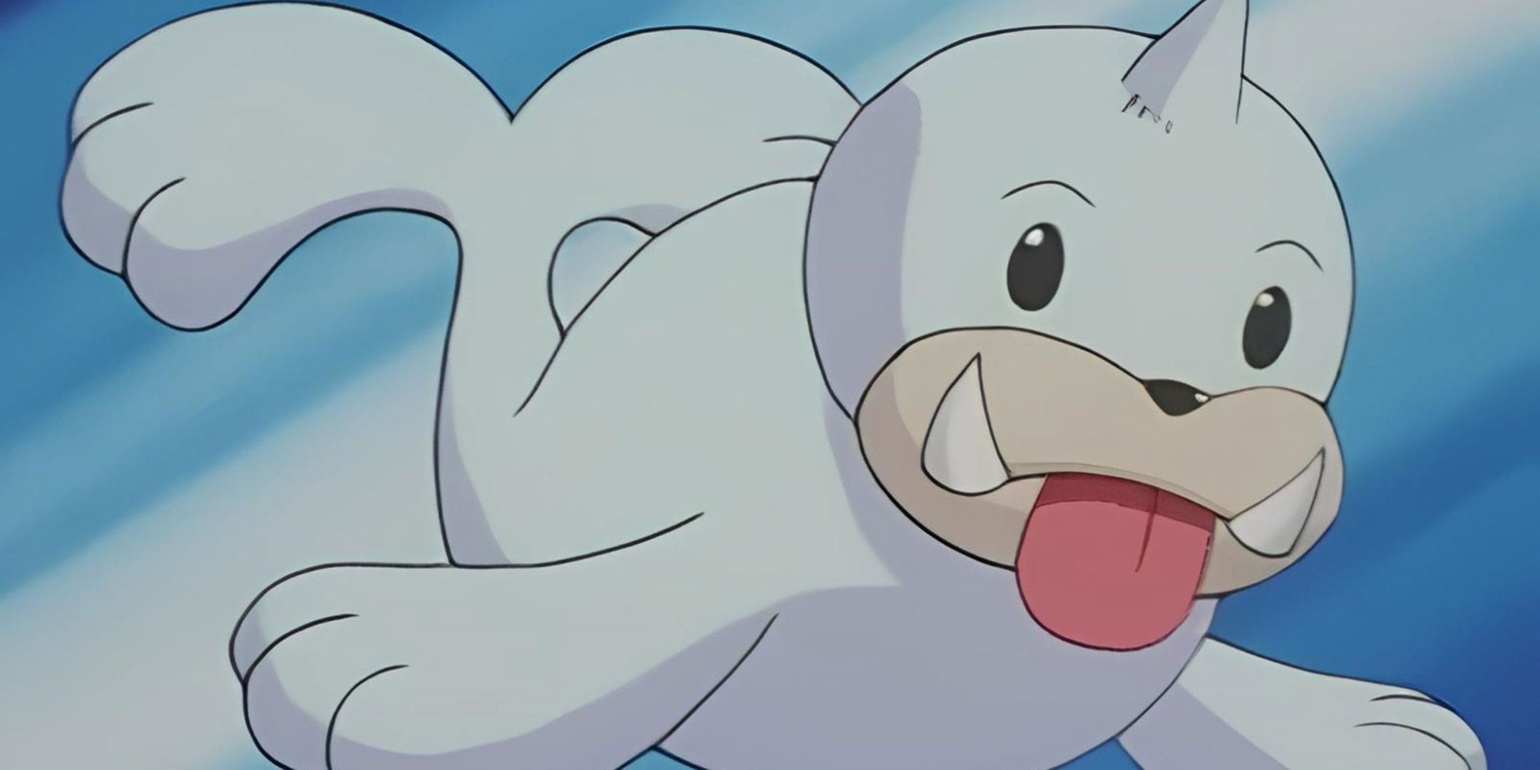 Seel mostrando a língua e parecendo adorável contra um fundo azul gelado de Pokémon