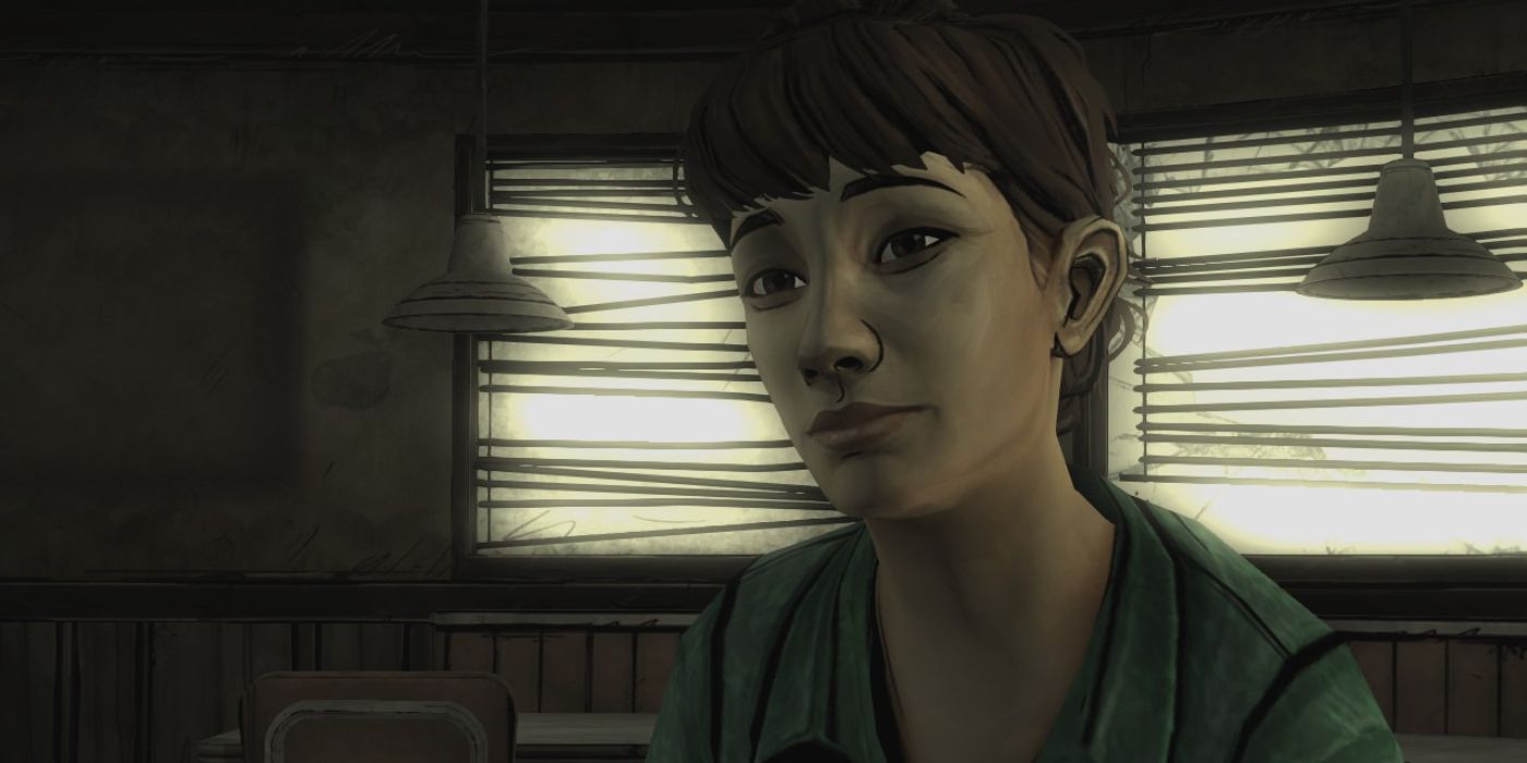 Shel sorri enquanto está no restaurante em The Walking Dead – 400-Days da Telltale