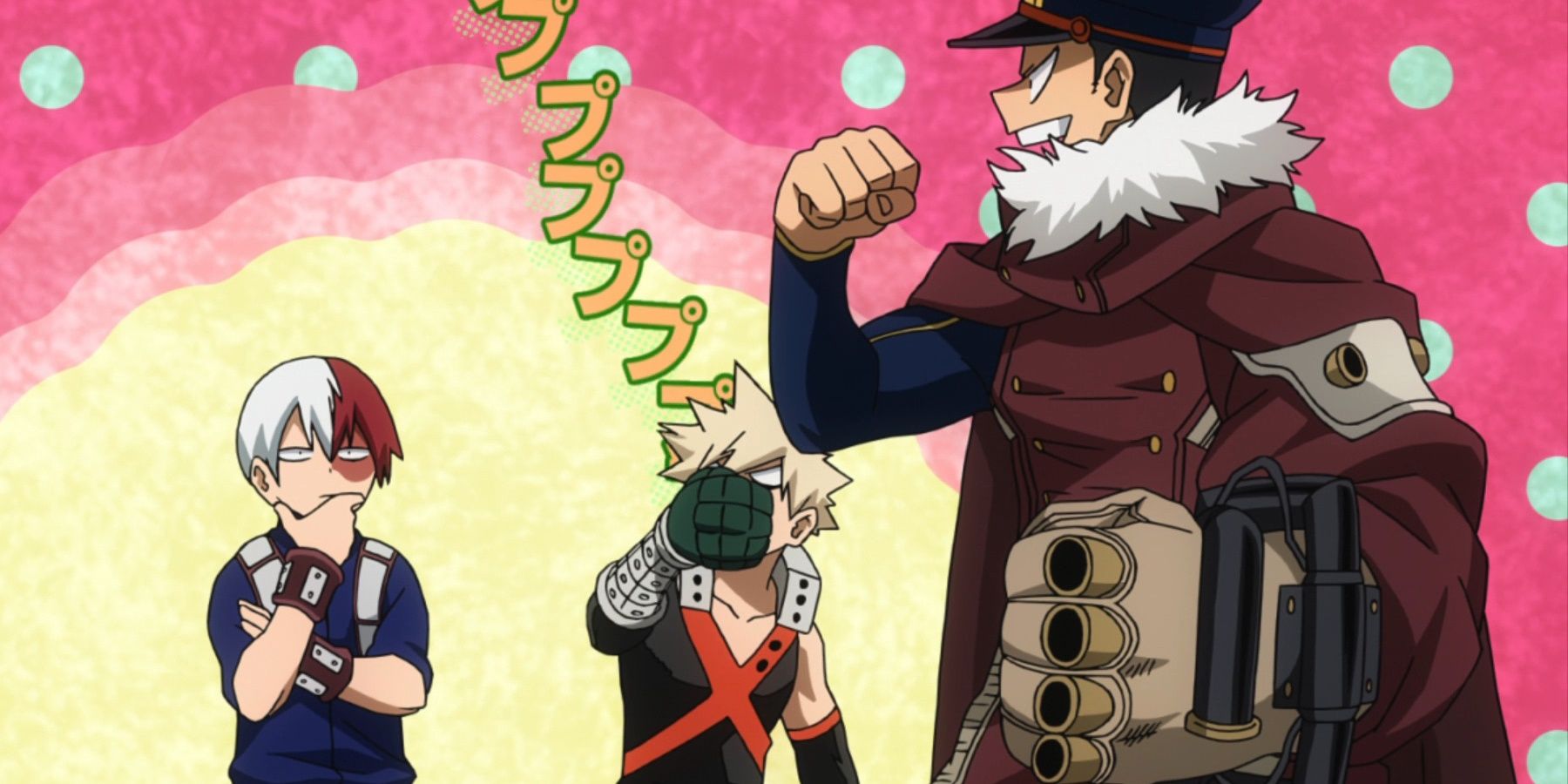 shoto looks at Inasa yoarashi while bakugo laughs