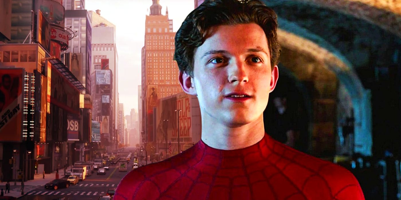 Tom Holland's Spider-Man appears alongside a New York City skyline