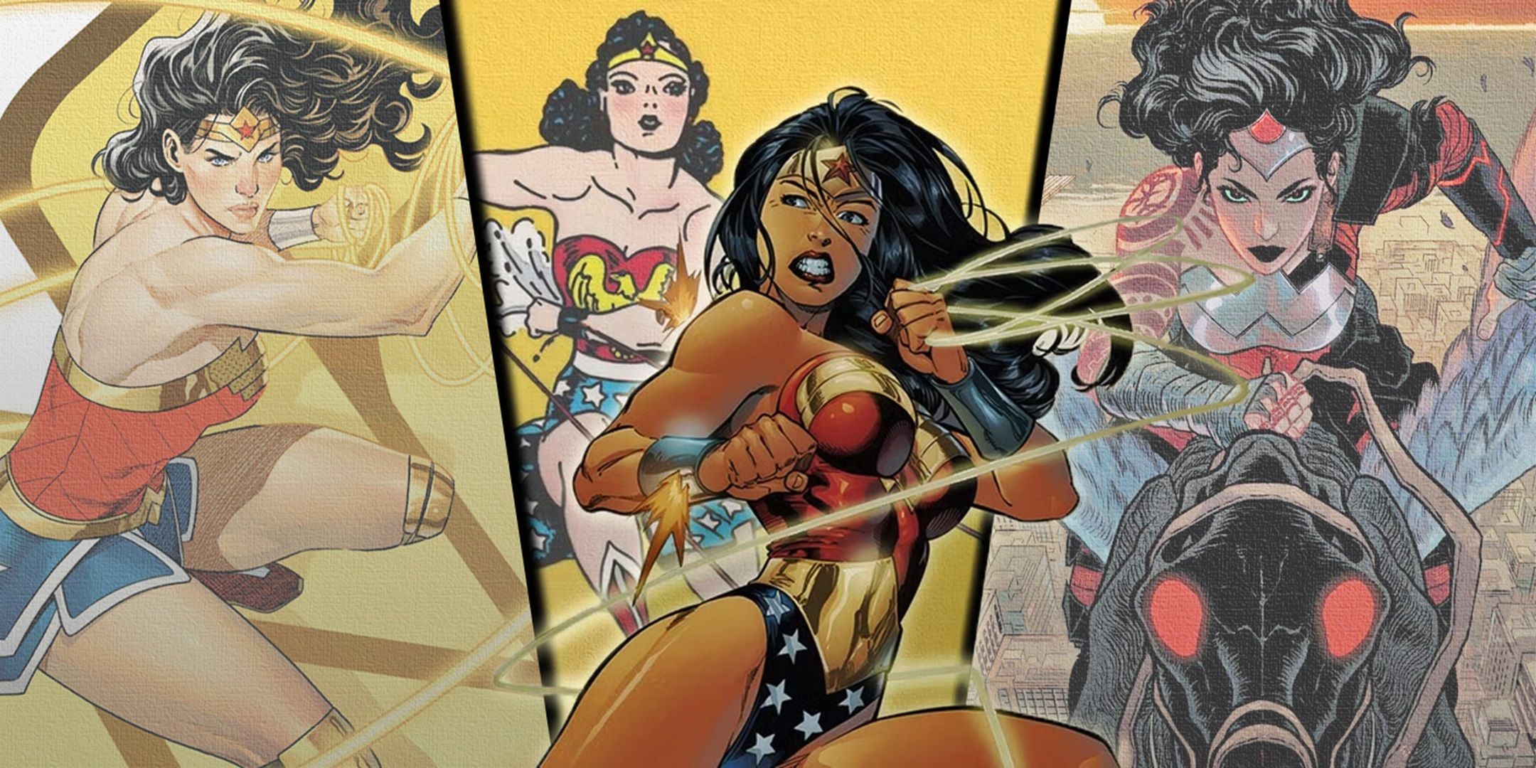 Split image of Wonder Woman across different comic eras