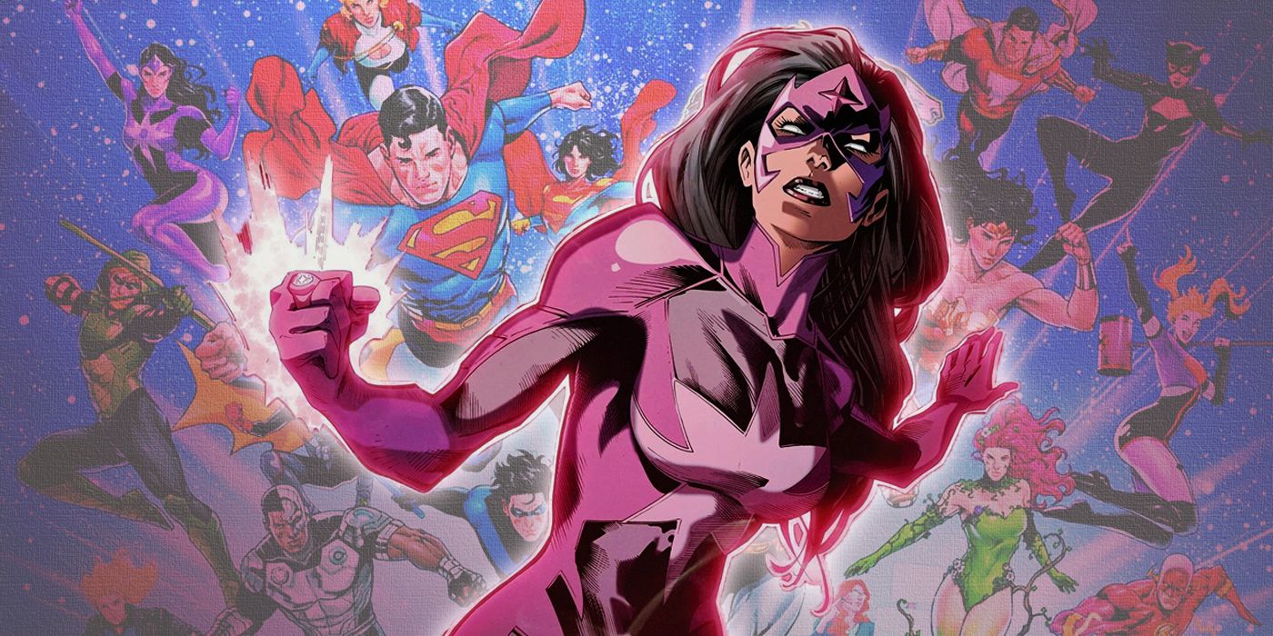 Star Sapphire with the roster of Justice League Unlimited in the background from DC Comics