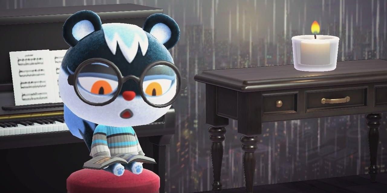 Tasha sentada ao piano lendo um livro em Animal Crossing: New Horizons