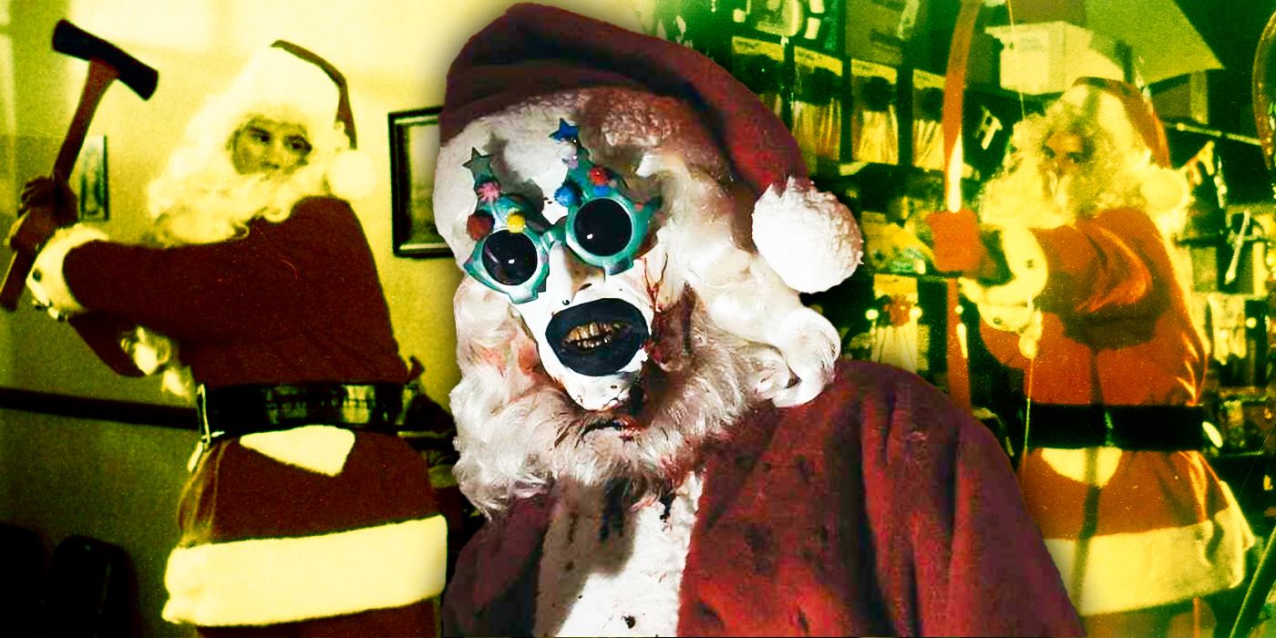 Billy Chapman dressed as Santa in Silent Night, Deadly Night on the background and Art The Clown from Terrifier 3 on the frontground