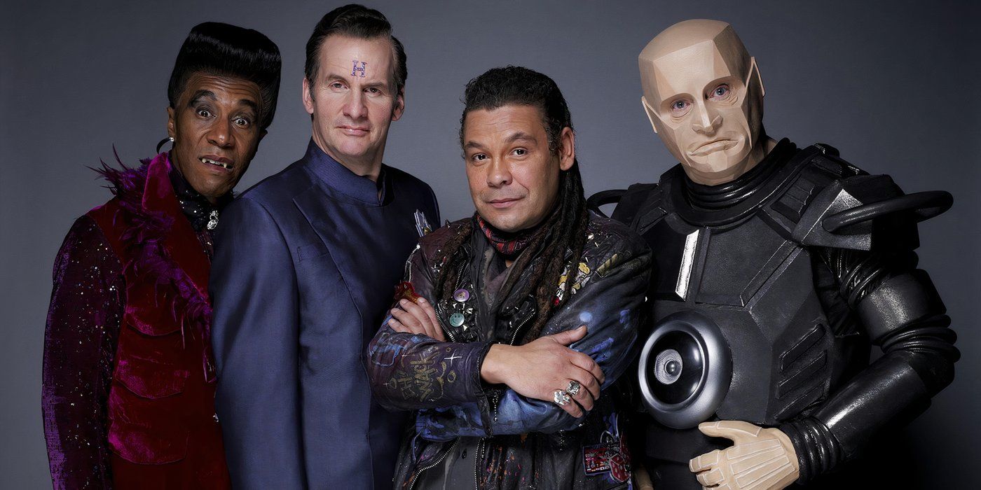 O elenco de Red Dwarf juntos.