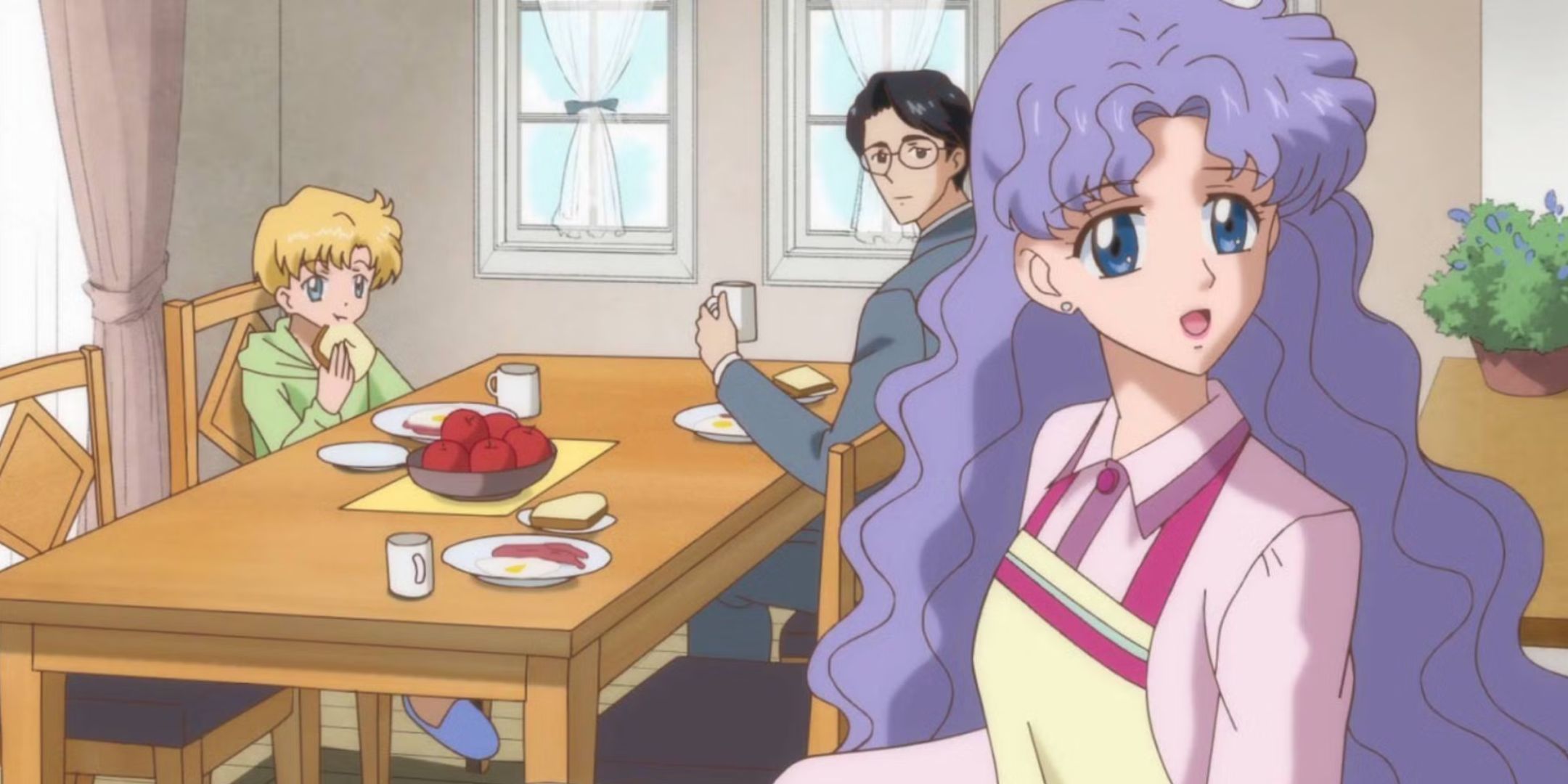 The Tsukino Family from Sailor Moon eating breakfast with their heads turned to look at something offscreen