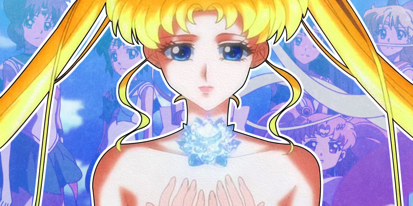 Sailor Moon holding the Silver Crystal with the sailor scouts behind her