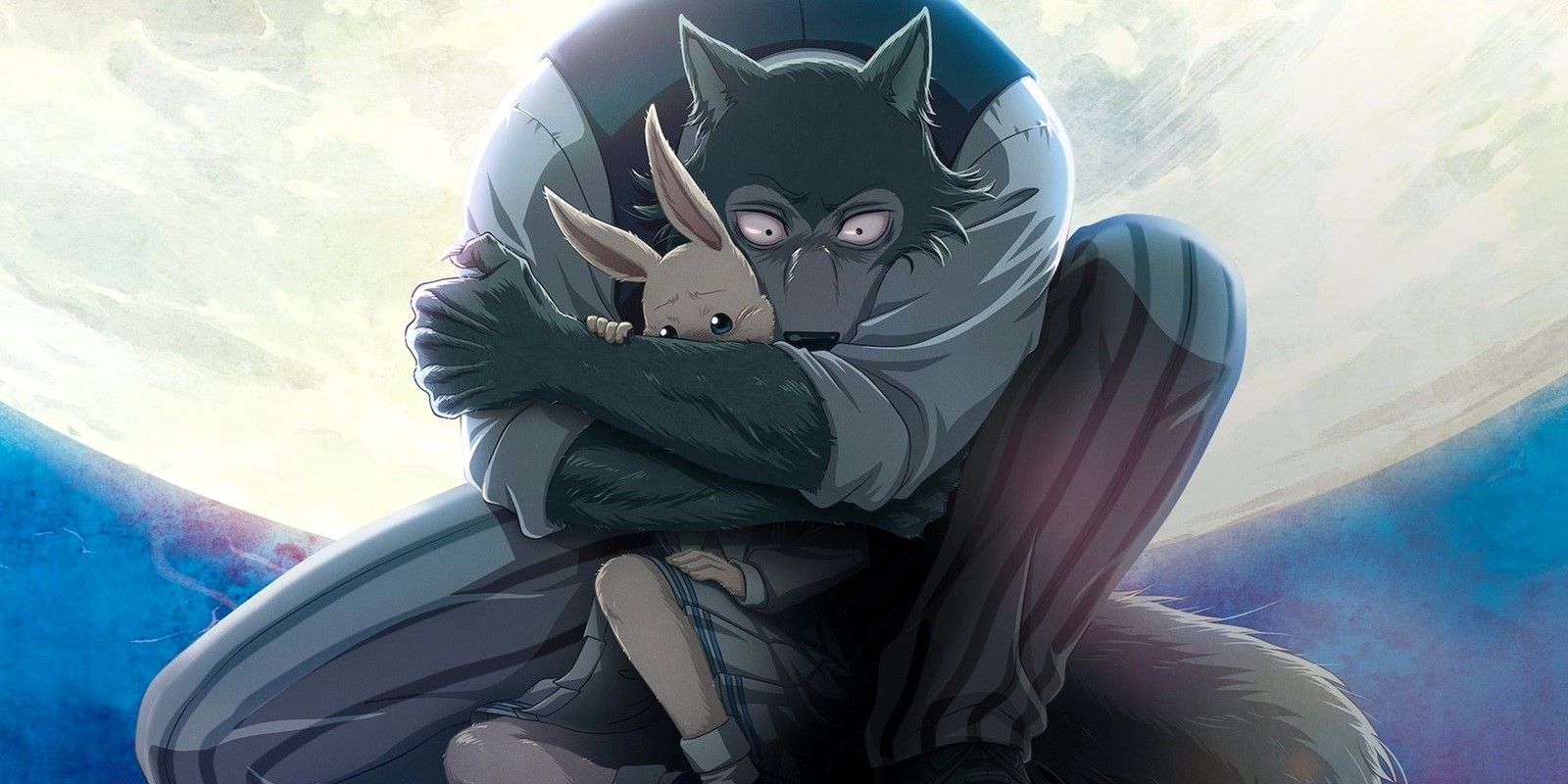 Legoshi and Haru from Beastars with full moon behind them.