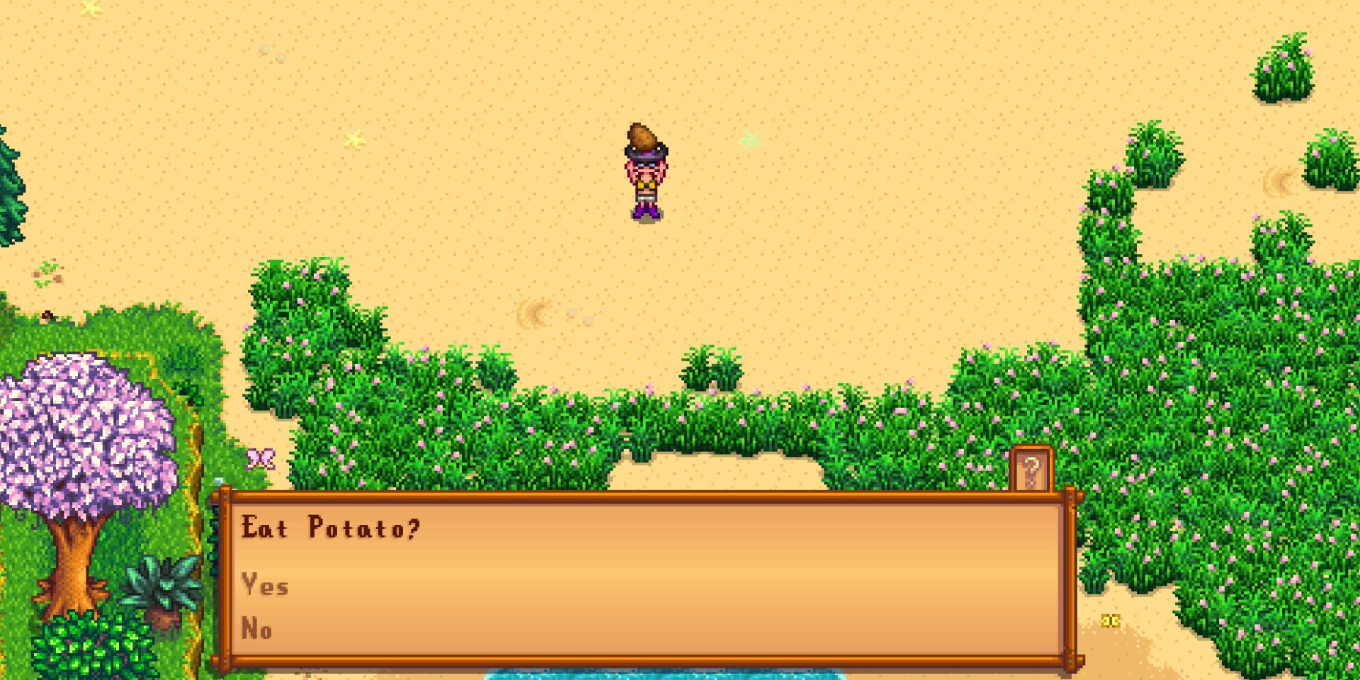 Um jogador é solicitado a comer uma batata em Stardew Valley.