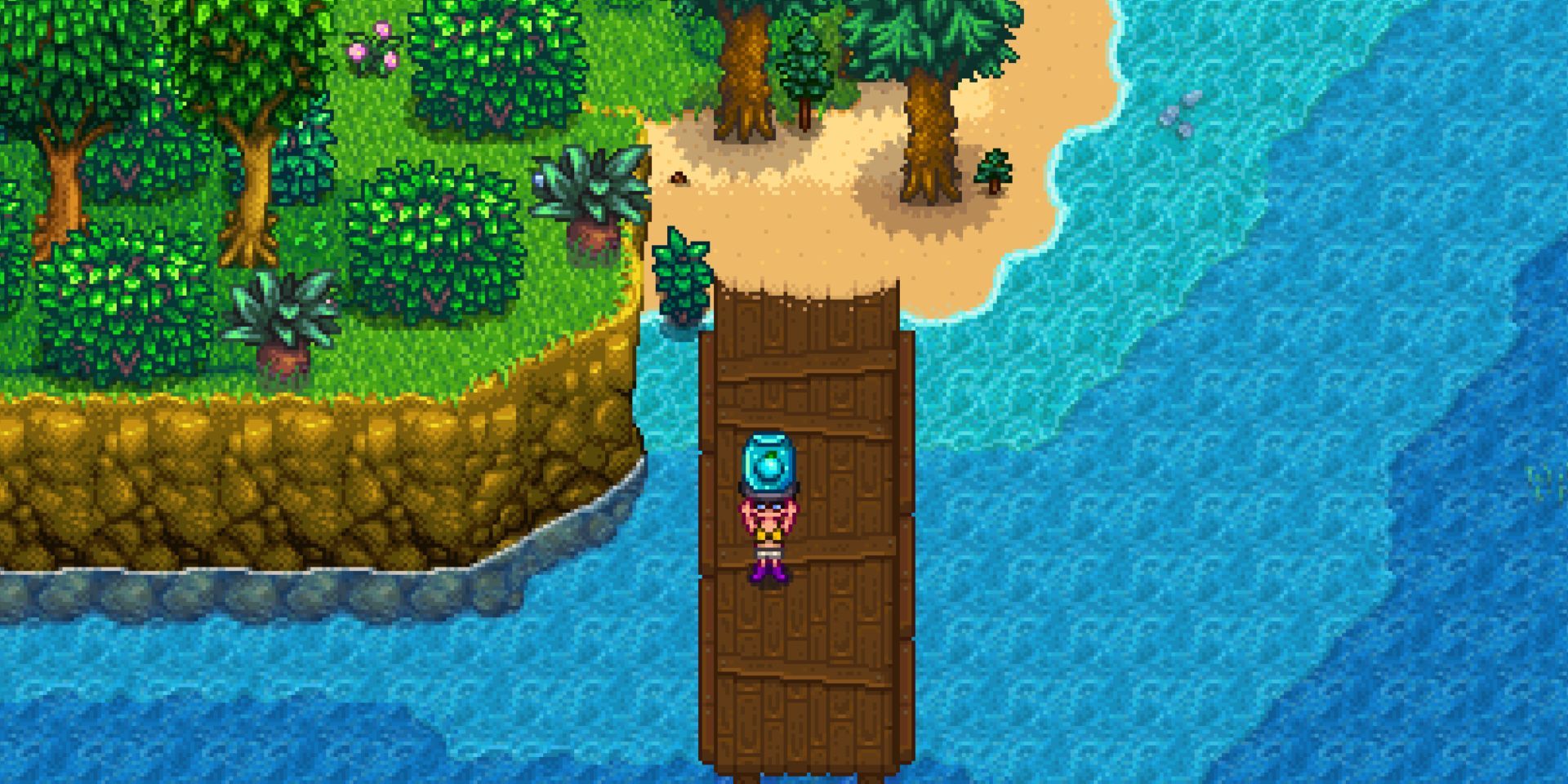 Um jogador segura uma antiga semente de fruta em um cais em Stardew Valley.