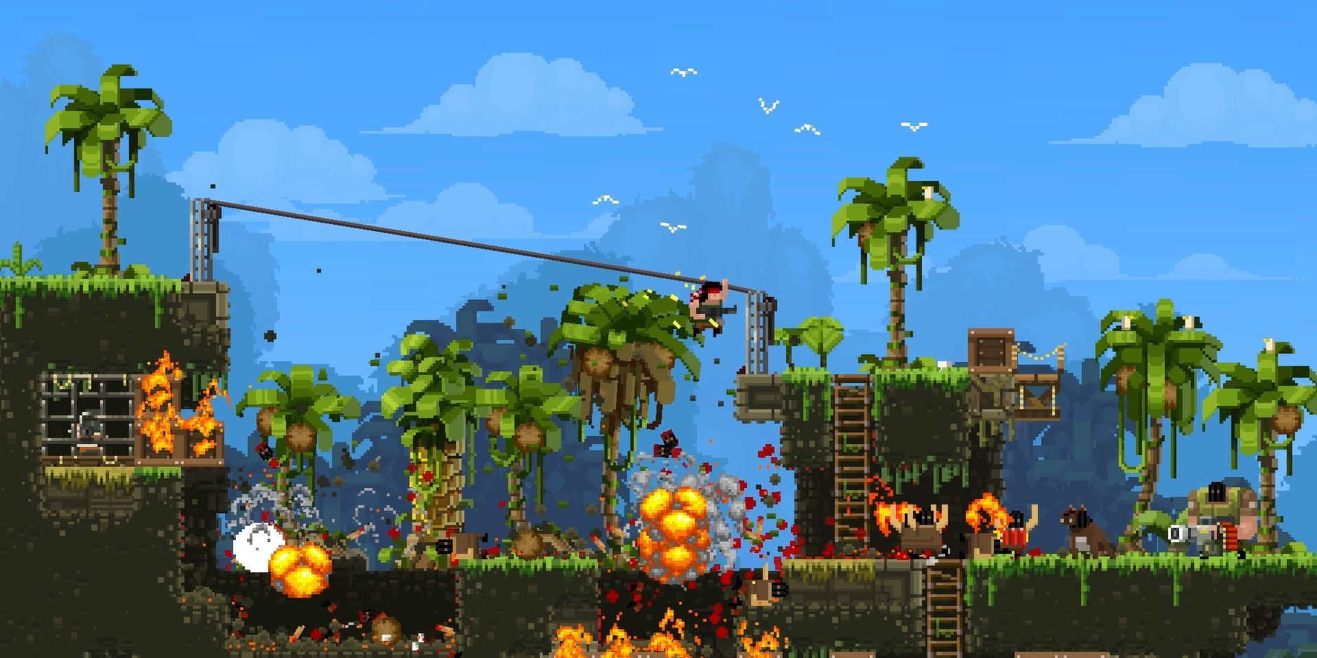 Rambro desliza em uma tirolesa no BroForce.