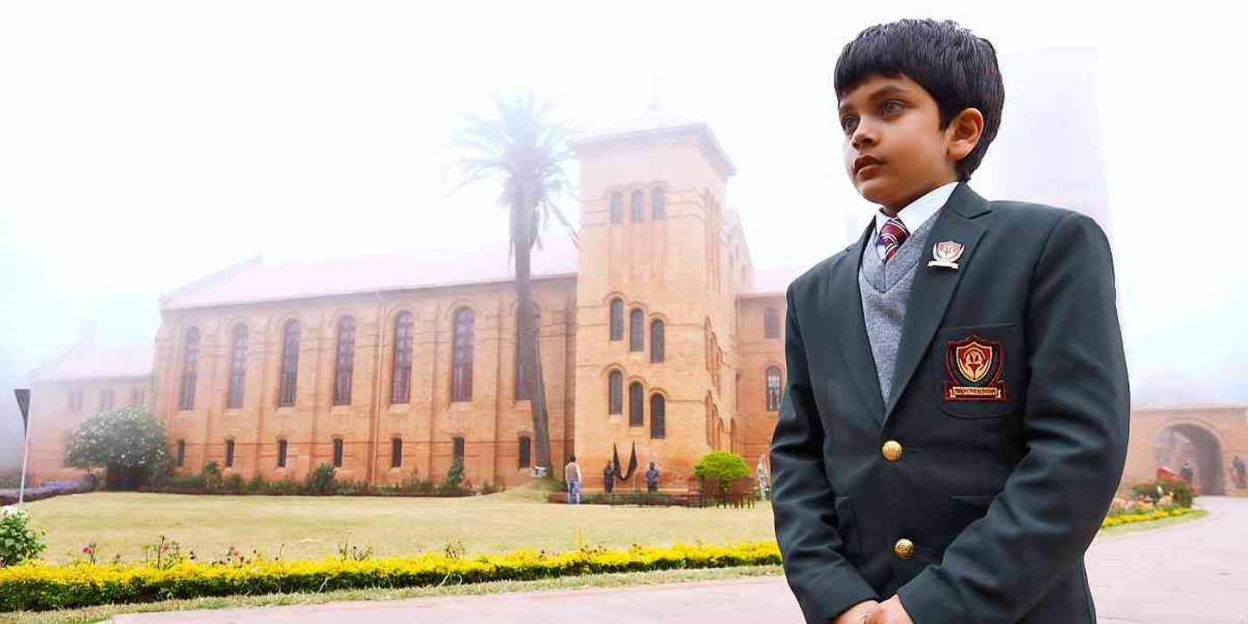 Vedant Malik (Shrenik Arora) está na frente de uma escola em um dia de neblina em Adhura