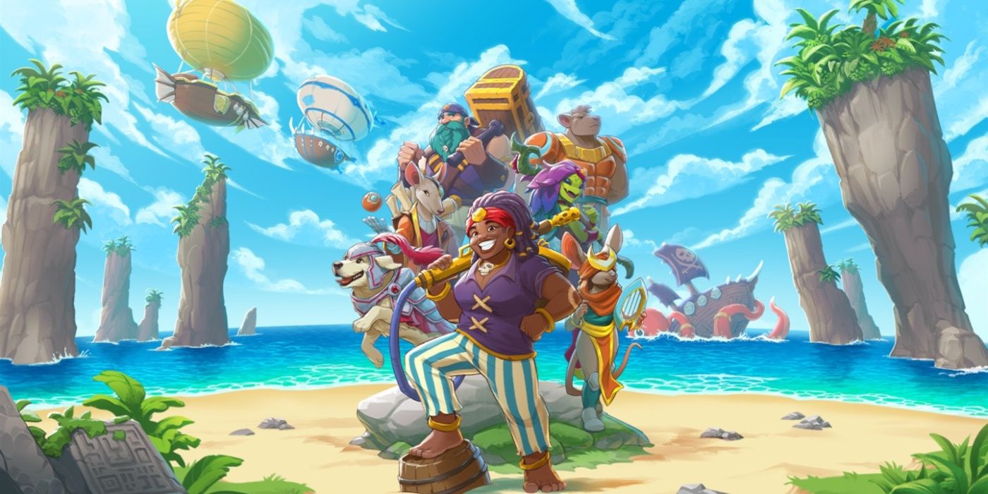 Arte principal de Wargroove 2 apresentando um grupo de personagens coloridos em uma ilha tropical.