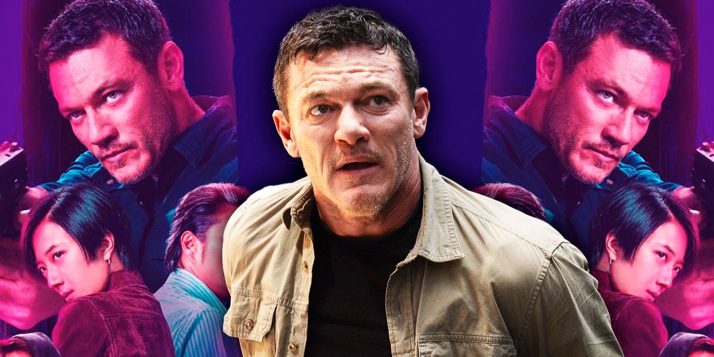 John Lawlor, played by Luke Evans, in a beige shirt in front of Weekend in Taipei movie poster art