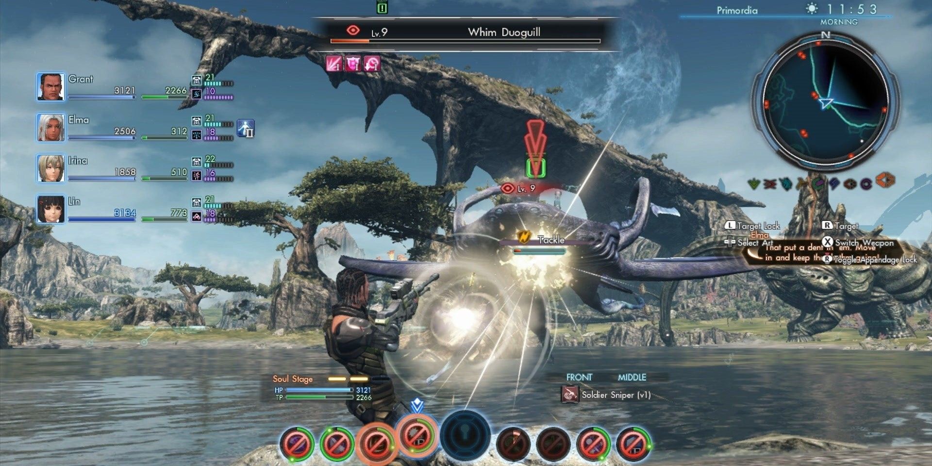 Jogabilidade do personagem do jogador atirando em um monstro em Xenoblade Chronicles X