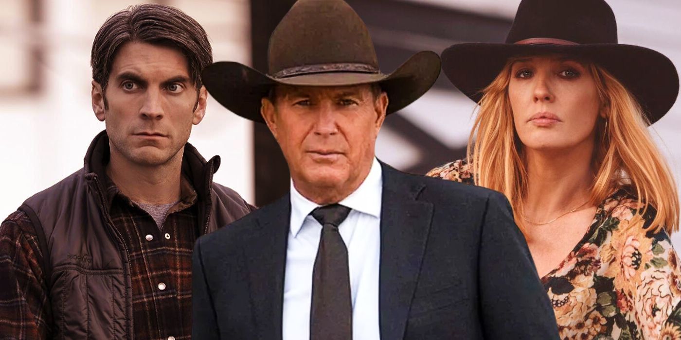 Split images of Wes Bentley as Jamie Dutton, Kevin Costner as John Dutton III, and Kelly Reilly as Beth Dutton in Yellowstone are spliced together.