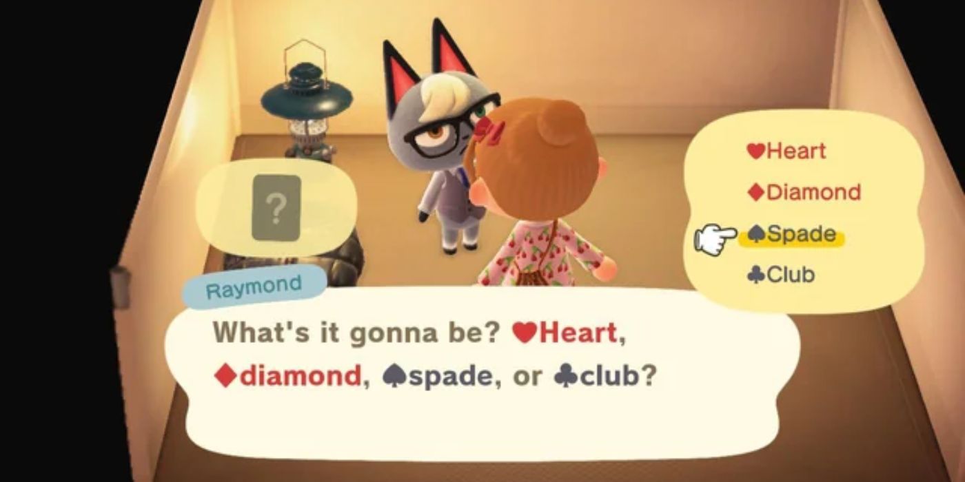 O jogador participa de um jogo de cartas com Raymond no acampamento em Animal Crossing: New Horizons.