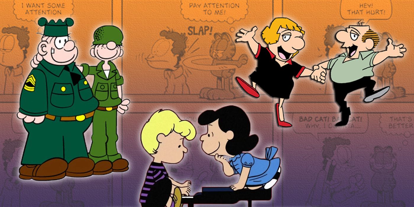 Beetle Bailey y Sarge, Schroeder y Lucy, y los Lockhorns con Garfield y Jon al fondo