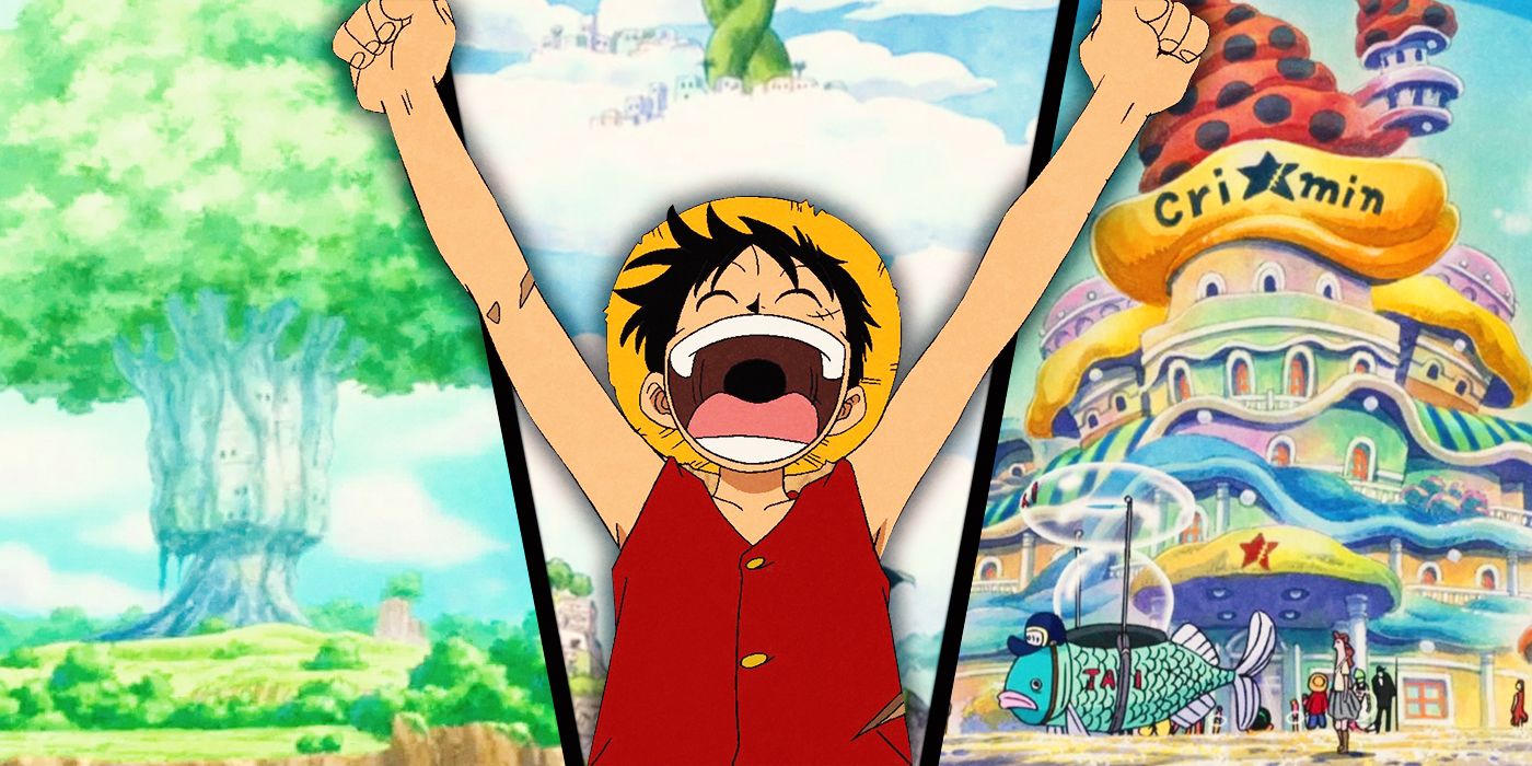 Luffy con imágenes de Ohara, Skypiea y Fishman Island