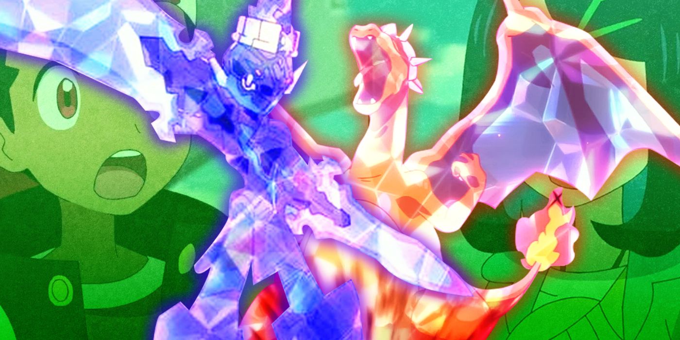 Charizard and Ceruledge Terastalized with Liko and Roy in the background