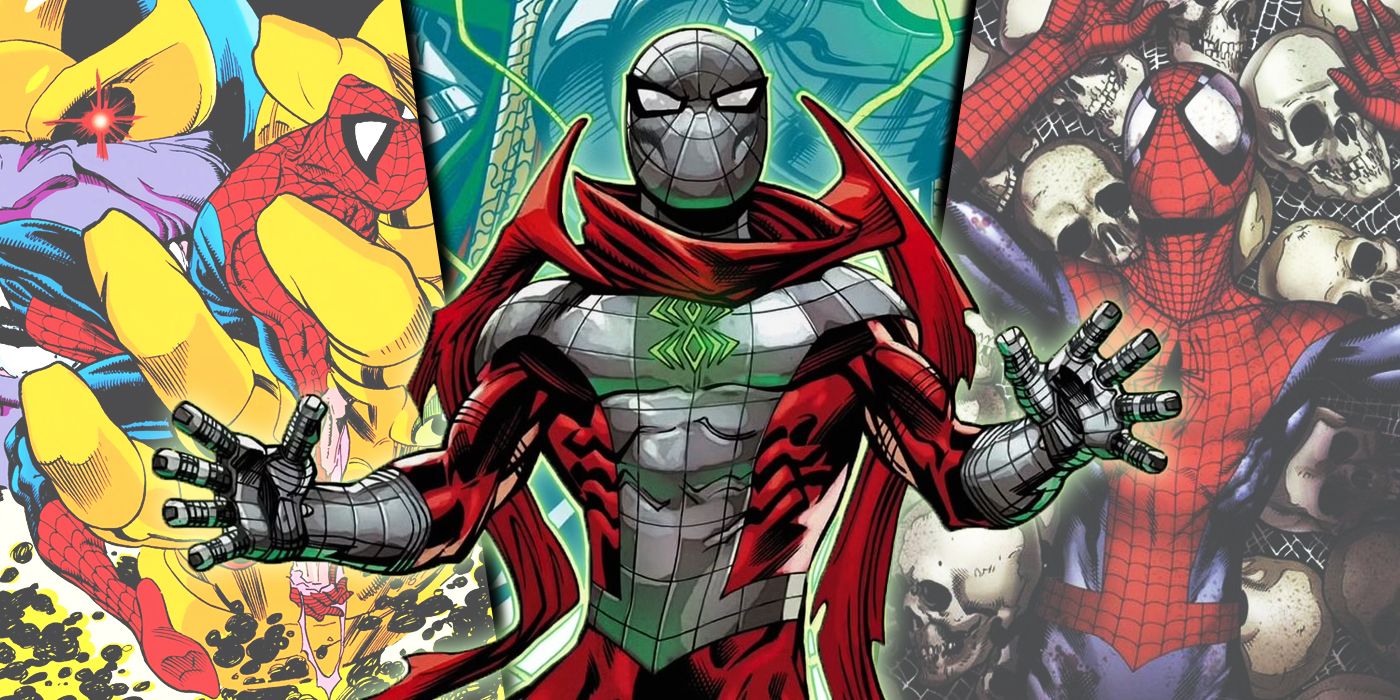 Split image of Spider-Man in his arcane armor with comic book covers for versions of his death