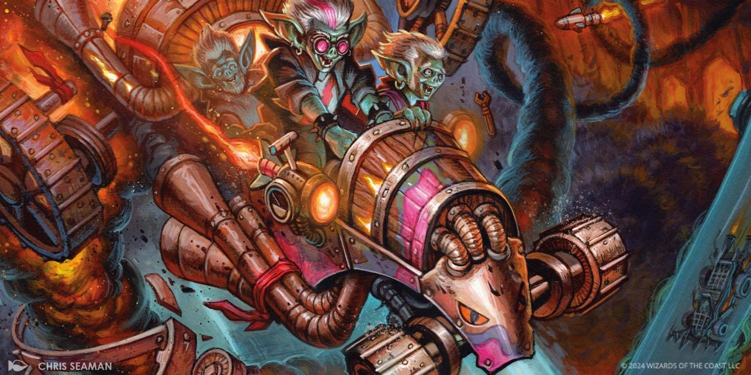 Arte da expansão Aetherdrift de Magic: The Gathering apresentando os Goblin Rocketeers.