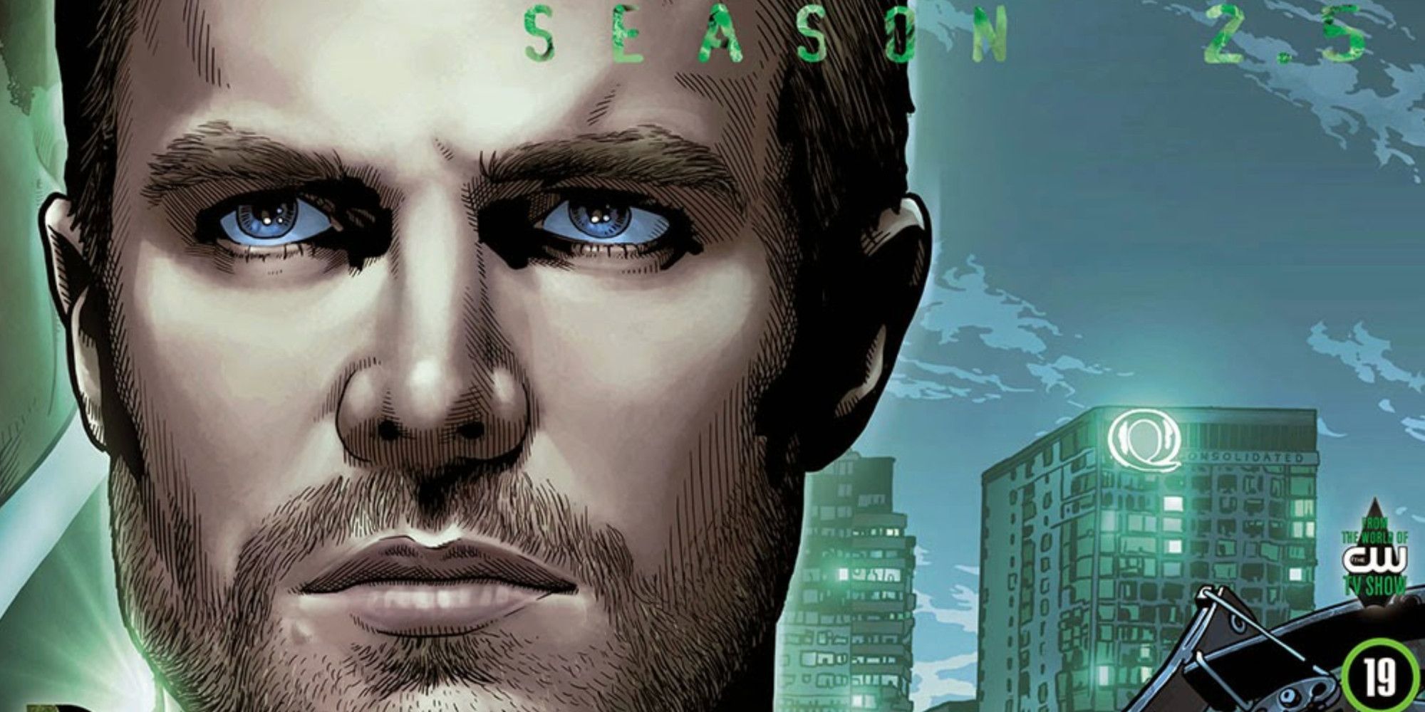 Um close do rosto de Oliver na capa dos quadrinhos da 2ª à 5ª temporada de Arrow