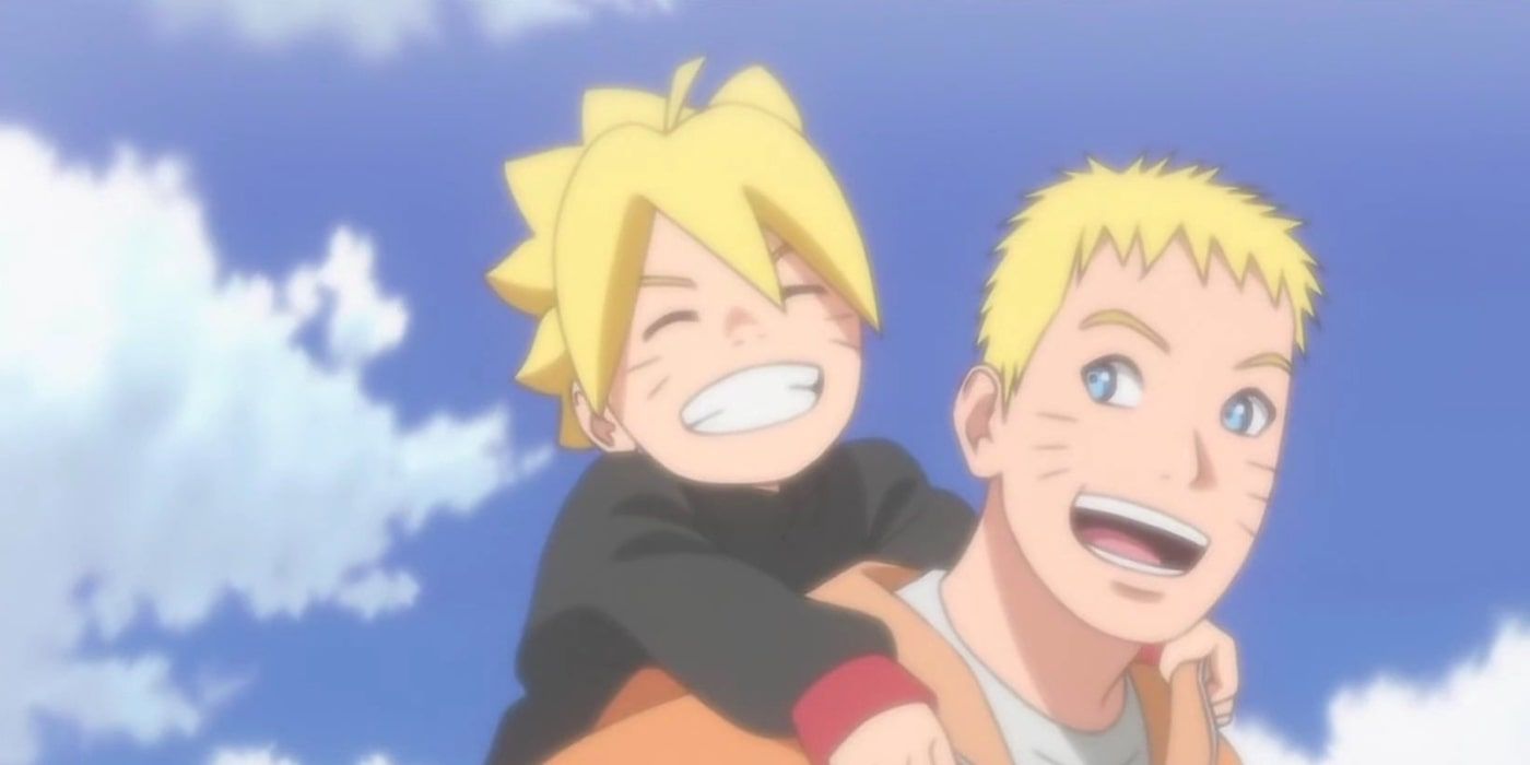 Um flashback mostra um Naruto adulto carregando Boruto