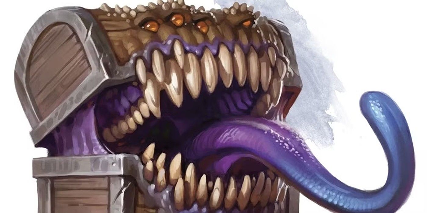 a treasure chest mimic with a purple tongue