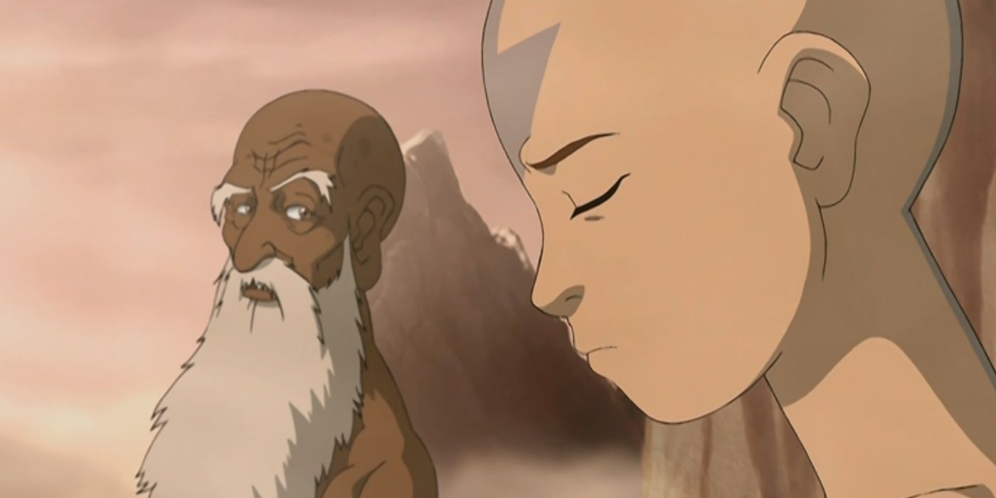 Aang medita con los ojos cerrados mientras el gurú le habla