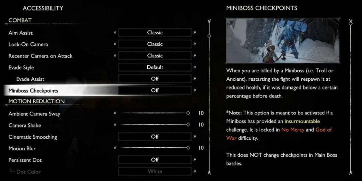 O menu de configurações de acessibilidade em God of War Ragnarok com "Miniboss Checkpoint" em destaque.