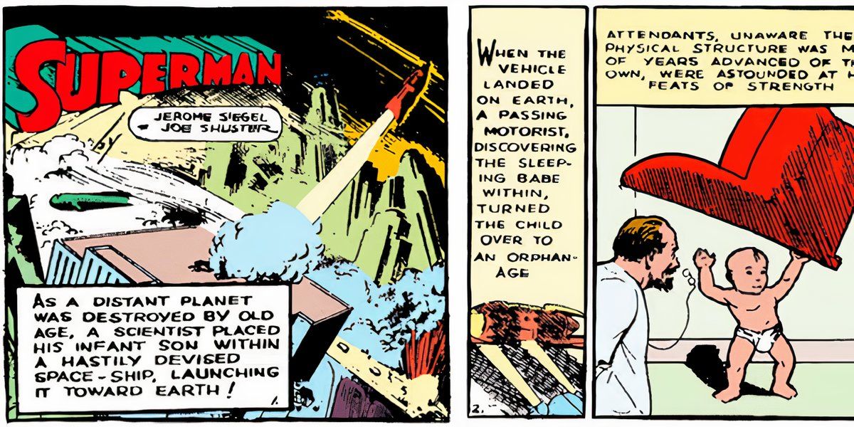 The first panels of Action Comics #1 where Superman's origin is described and an infant Clark Kent lifts large furniture