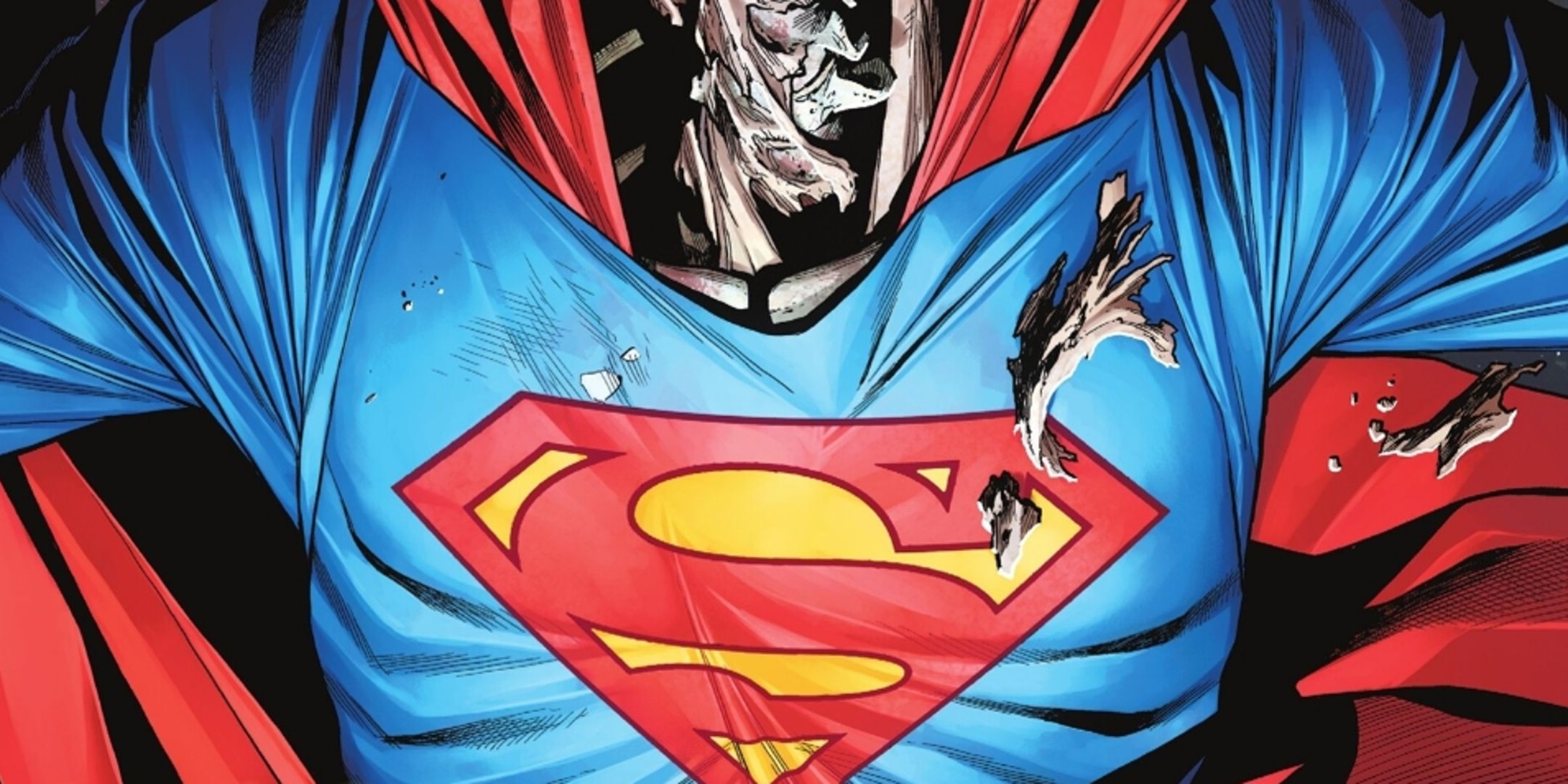 Superman's iconic blue and red suit starts to rip.