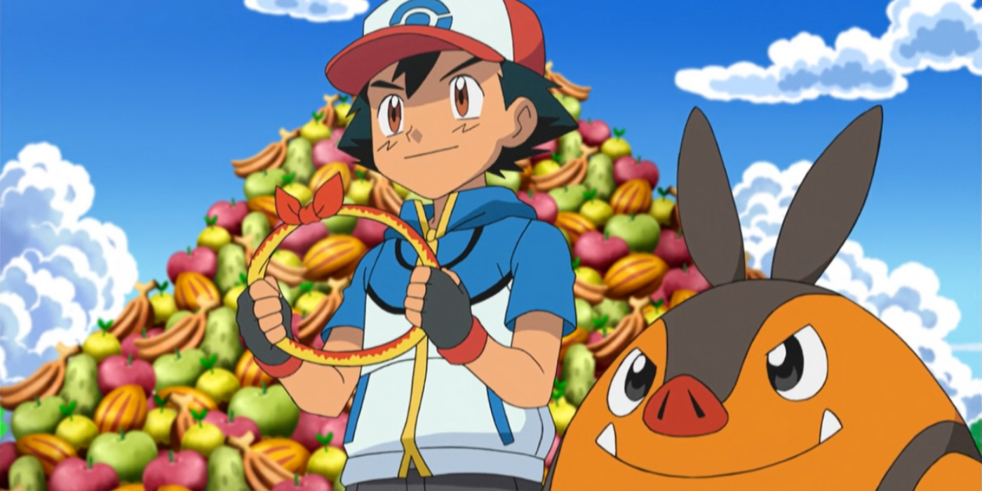 Ash and Pignite smile in front of a mountain of food after winning a sumo competition in the Pokémon anime. Ash and Pignite smile in front of a mountain of food after winning a sumo competition in the Pokémon anime.