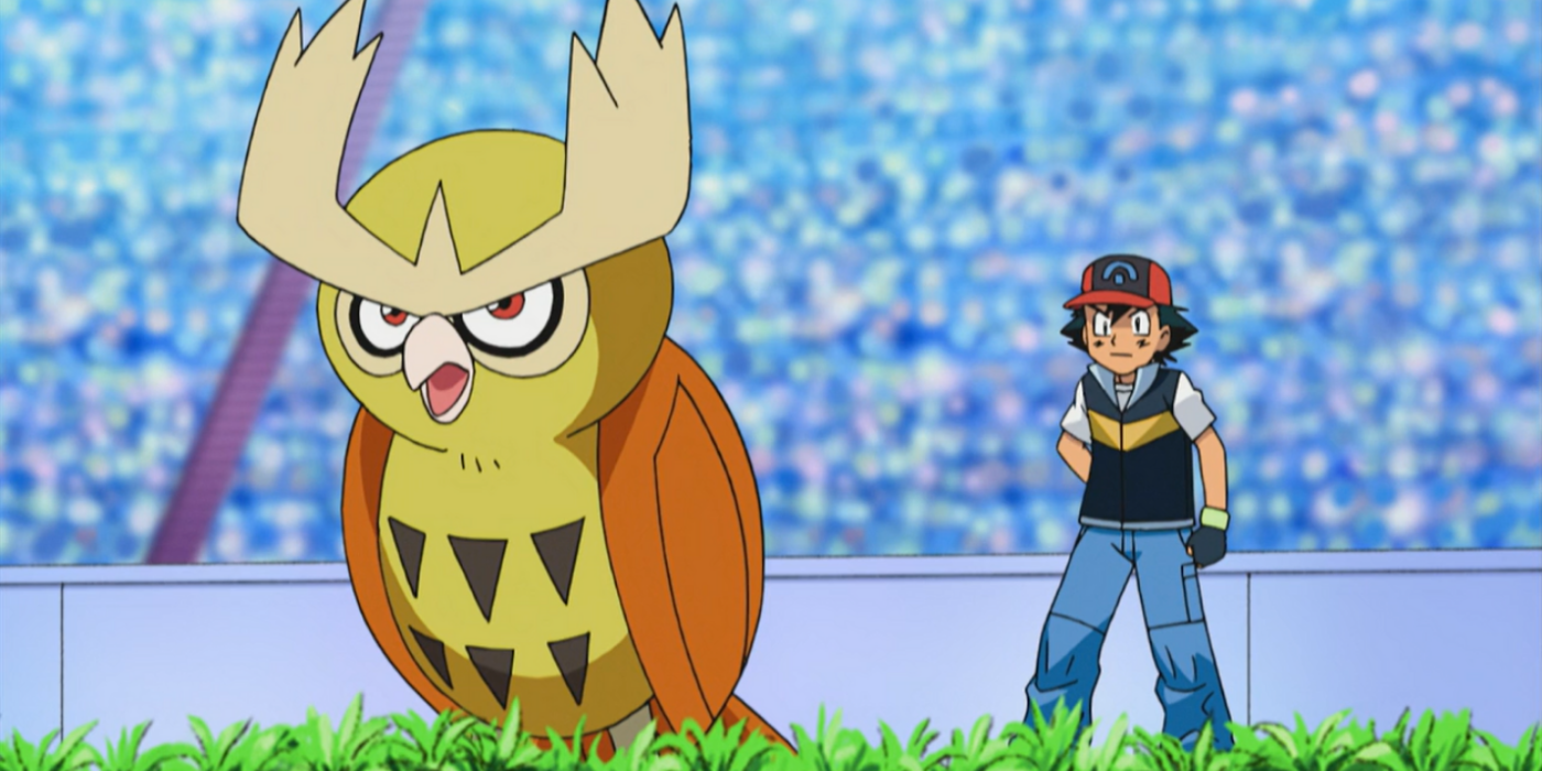 Ash stands behind his shiny and serious Noctowl as the Pokémon is sent into battle in the anime.