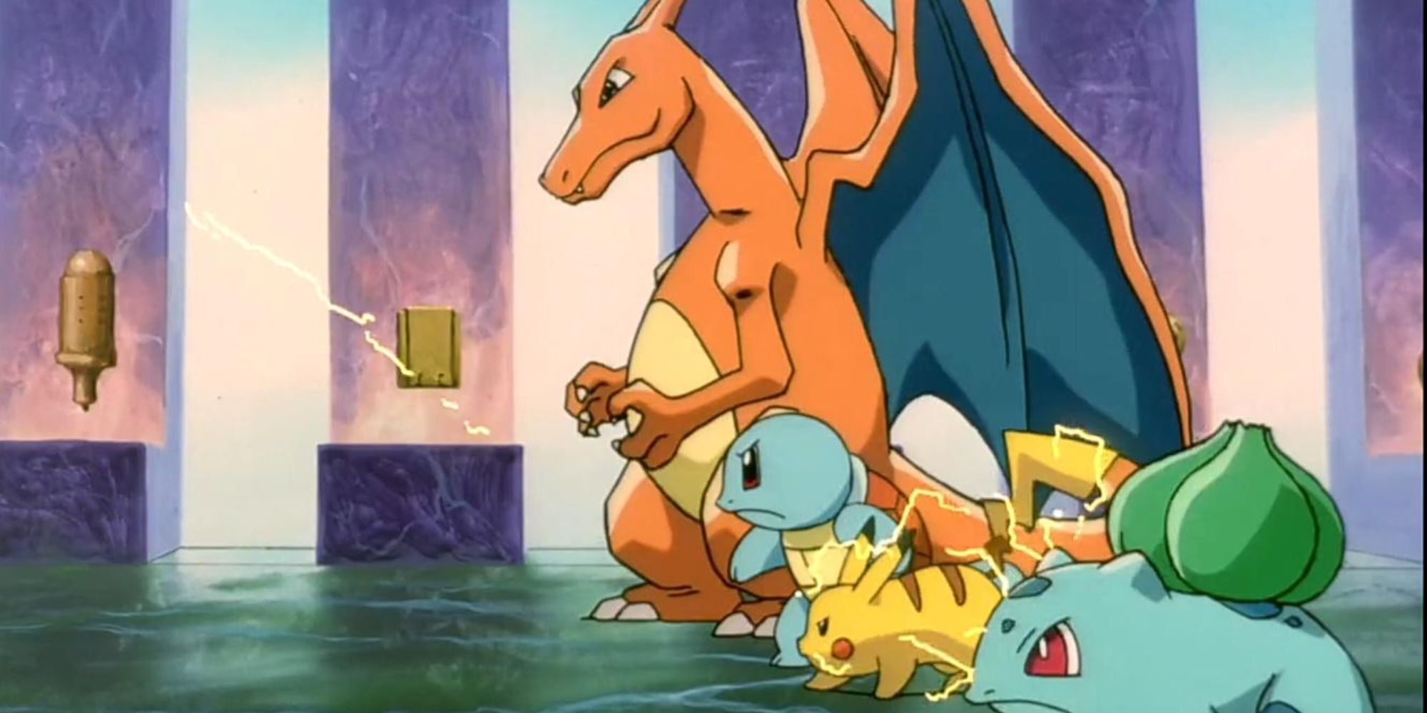 A lista original de Ash em Kanto – Charizard, Squirtle, Pikachu e Bulbasaur – se reúne em Battle Frontier