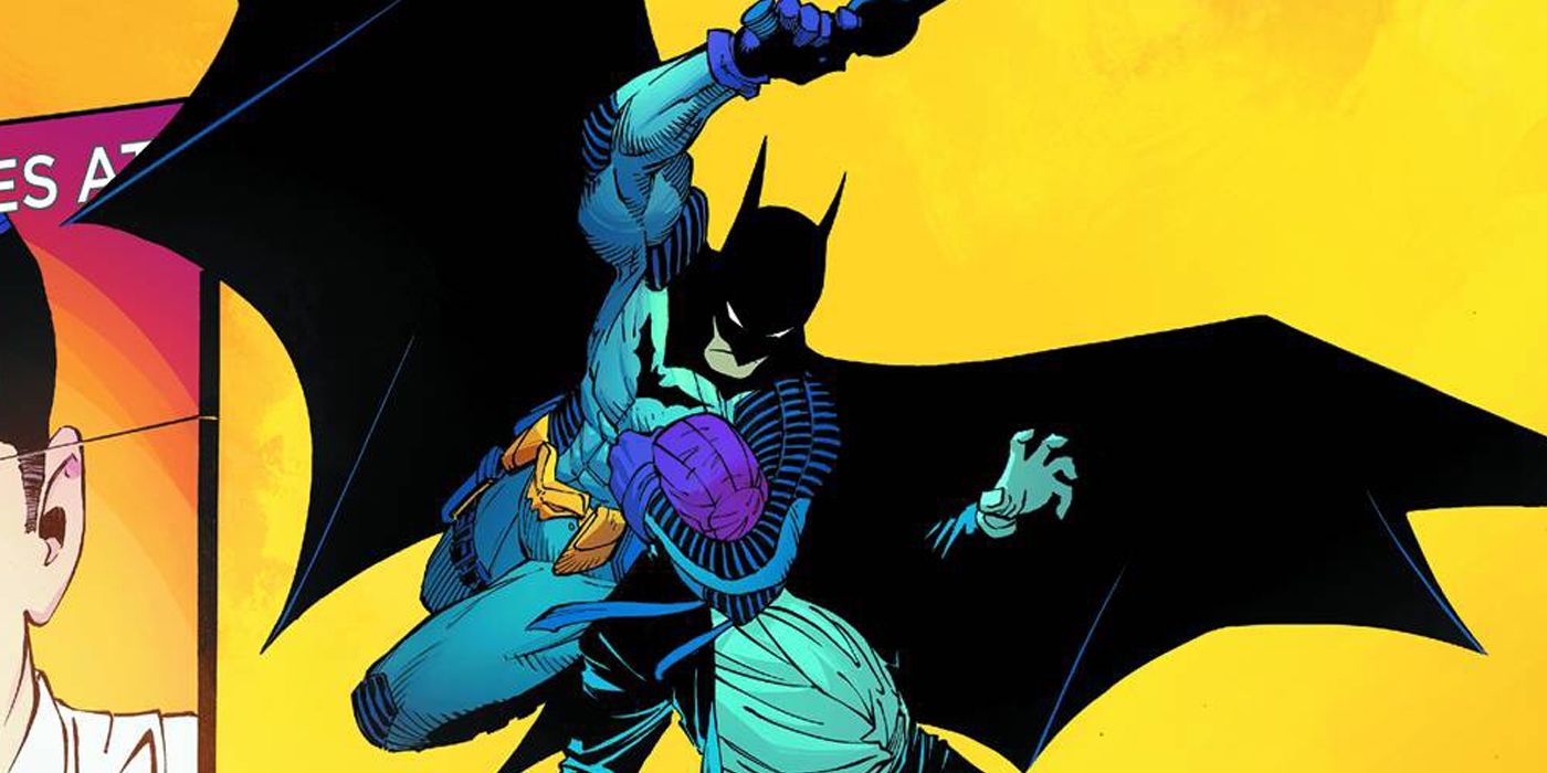 Batman em sua fantasia de Ano Zero com um membro da Gangue Capuz Vermelho