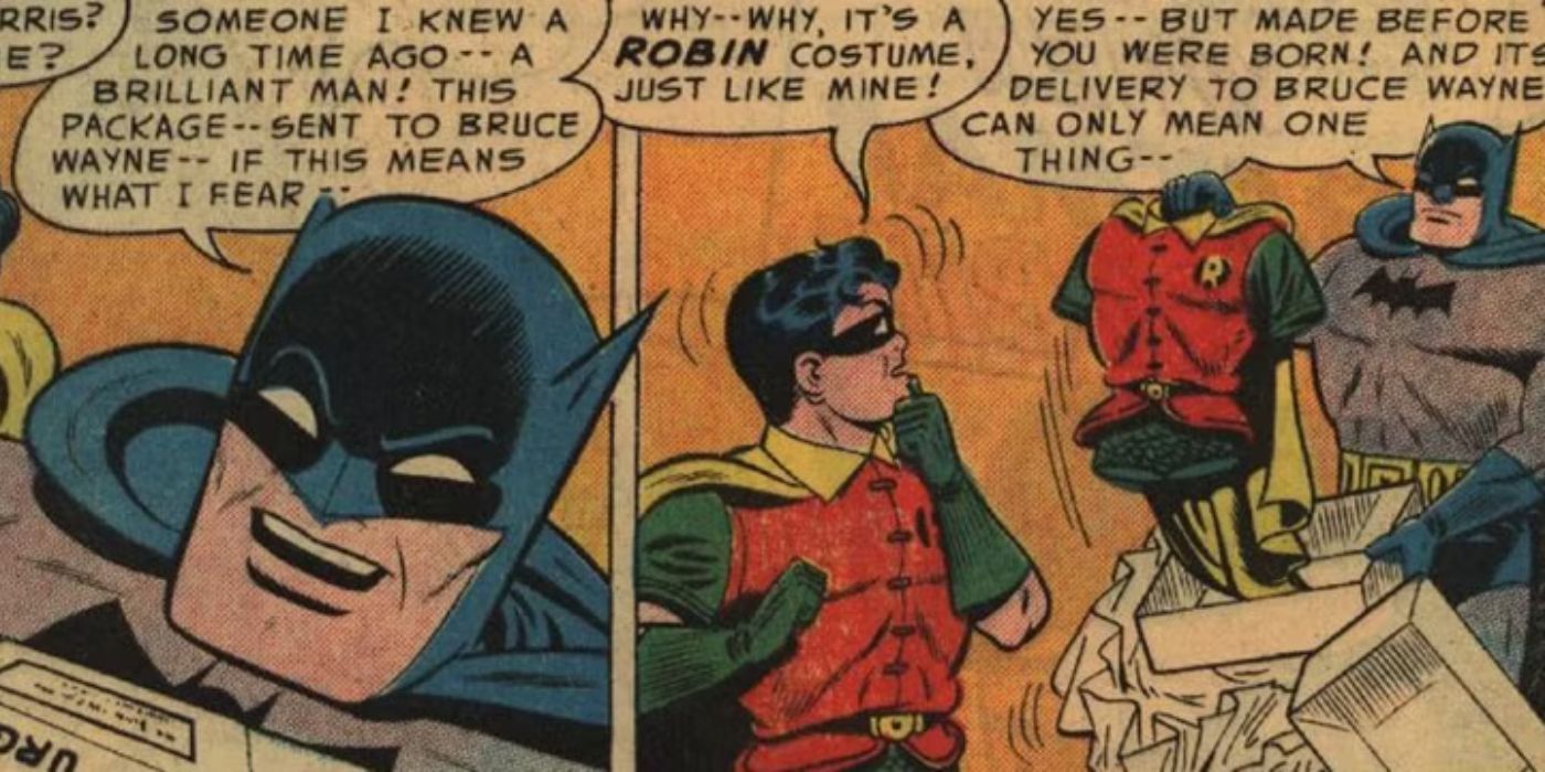 Batman muestra su propio traje de Robin en la Edad de Plata.