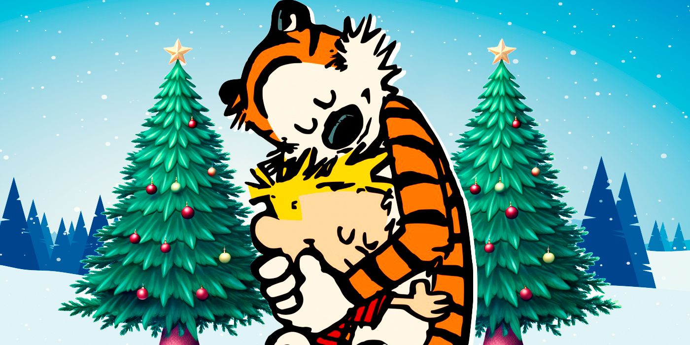 Calvin and Hobbes with Christmas tree behind