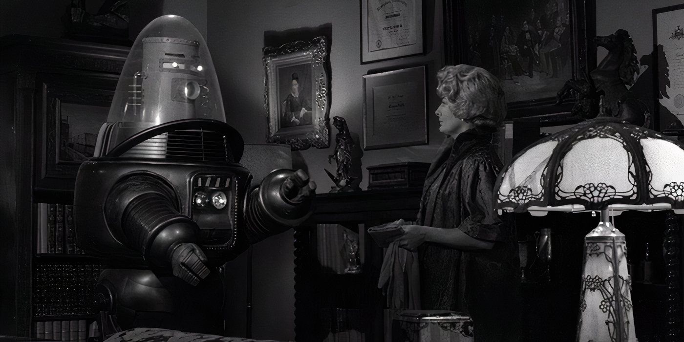 Constance Ford e Robby, o Robô, no episódio de Twilight Zone, Tio Simon